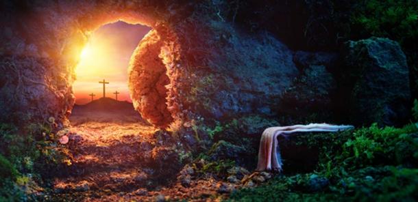 Crucifixion au lever du soleil - Tombe vide avec linceul - Résurrection de Jésus-Christ. (Romolo Tavani / Adobe)