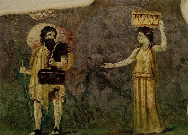 Peinture murale du 1er siècle montrant les philosophes cyniques Crates et Hipparchia. Provenant du jardin de la Villa Farnesina, Museo delle Terme, Rome. (Domaine public)