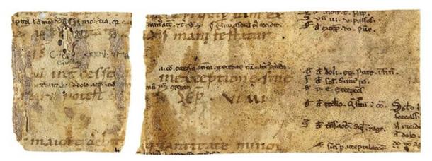 Deux fragments de manuscrits constituant une seule bande utilisée autour du dos d'une reliure. Le texte fait partie du Corpus Iuris Civilis, publié à partir de 529-534 après J.-C. par ordre de l'empereur Justinien I. (domaine public)
