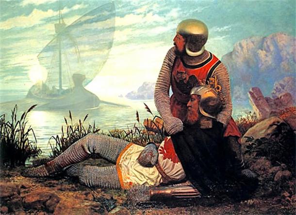 La mort d'Arthur représentée ici et dans la légende arthurienne. Un bateau arrive pour emmener l'Arthur mourant à Avalon après la bataille de Camlann. (Shuishouyue / Domaine public)