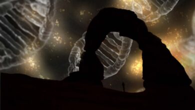 Silhouette of a person under an arch. (CC0)  Background: DNA.