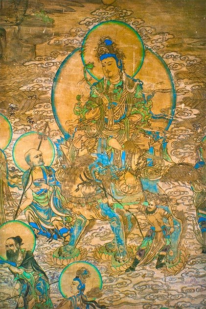 Peinture de Manjusri le bodhisattva de la sagesse, trouvée dans les grottes de Yulin du Gansu de la dynastie Xia. (Maculosae tegmine lyncis / Domaine public)