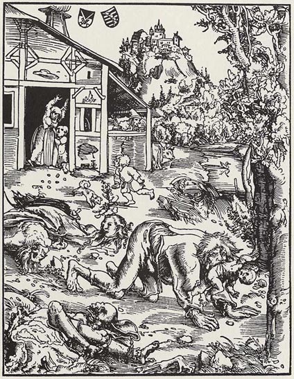 Gravure sur bois de Lucas Cranach l'Ancien, 1512, d'un loup-garou attaquant une ville et emportant des bébés.