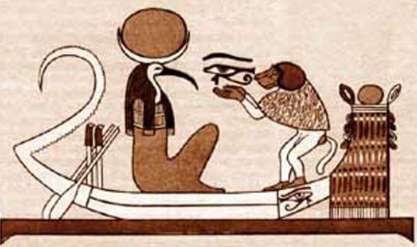 Illustration du Thot à tête d'ibis et du primate babouin en bateau. 
