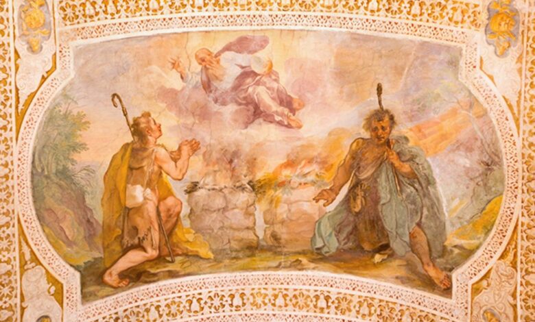 Sacrifices of Cain and Abel. Fresco from Chiesa di San Lorenzo in Palatio ad Sancta Sanctorum, Rome.