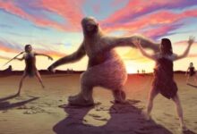 Artists impression of a giant sloth being confronted by human hunters. Credit: Alex McClelland, Bournemouth University