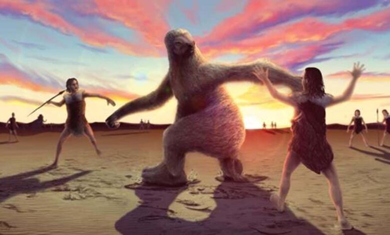 Artists impression of a giant sloth being confronted by human hunters. Credit: Alex McClelland, Bournemouth University