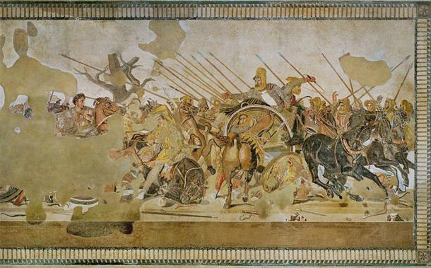 La bataille d'Issus entre Alexandre le Grand et Darius de Perse. Mosaïque de sol, copie romaine d'après un original hellénistique de Philoxène d'Eretrise. (Domaine public)