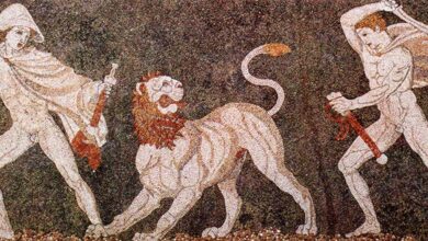 Lion hunt. Mosaic from Pella (ancient Macedonia), late 4th century BC, depicting Alexander the Great and Craterus. Housed in the Pella Museum. Image: Public Domain