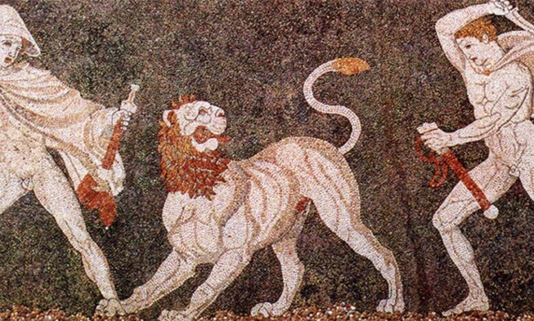 Lion hunt. Mosaic from Pella (ancient Macedonia), late 4th century BC, depicting Alexander the Great and Craterus. Housed in the Pella Museum. Image: Public Domain