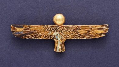 Amulet of a Ba. Egypt, Ptolemaic Period, 332-30 B.C. Jewelry and Adornments; amulets. Gold with inlays of lapis lazuli, turquoise, and steatite.