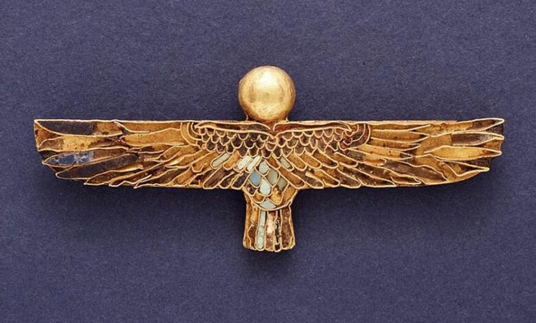 Amulet of a Ba. Egypt, Ptolemaic Period, 332-30 B.C. Jewelry and Adornments; amulets. Gold with inlays of lapis lazuli, turquoise, and steatite.