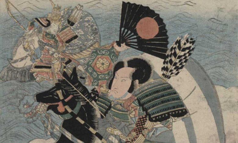 Detail of ‘The warriors Kumagai Naozane and Taira no Atsumori.’ One of the warriors is brandishing a Japanese war fan called a Tessen.