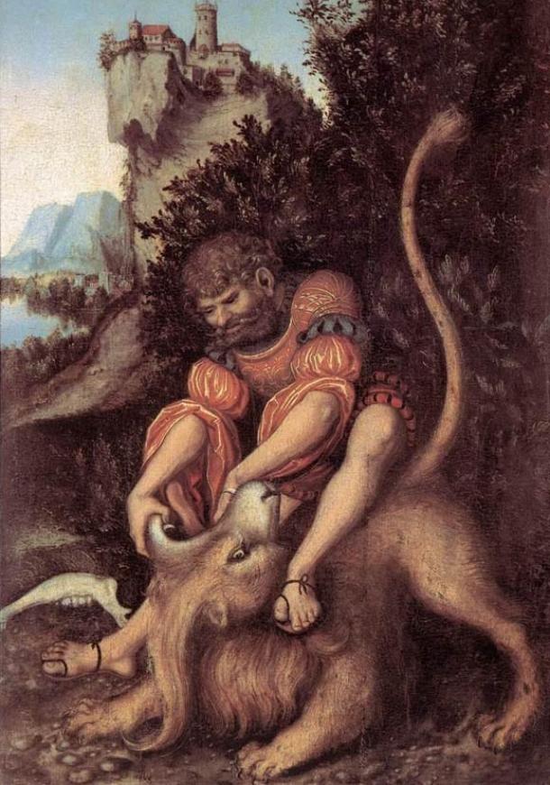 Samson's Fight with the Lion (1525) On dit que le pouvoir de Samson est lié à ses cheveux non coupés.