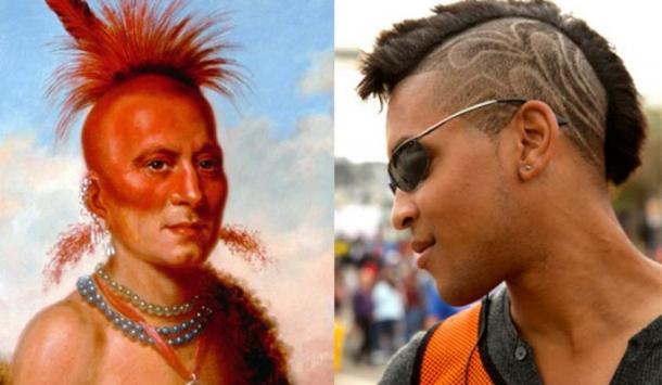 [Left]  1822 : portrait de Sharitahrish, chef des Pawnees avec sa coiffe et ses cheveux rasés. (Domaine public) [Right] Coupe de cheveux mohawk moderne avec motifs