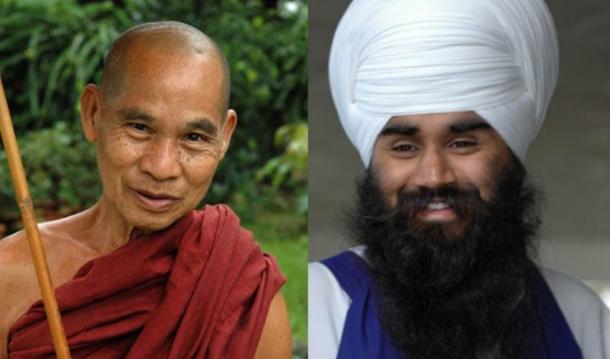 [Left]  Un moine bouddhiste au crâne rasé (Flickr/CC BY 2.0) [Right] un homme sikh porte ses longs cheveux enveloppés dans un turban traditionnel. (Flickr/CC BY-SA 2.0)