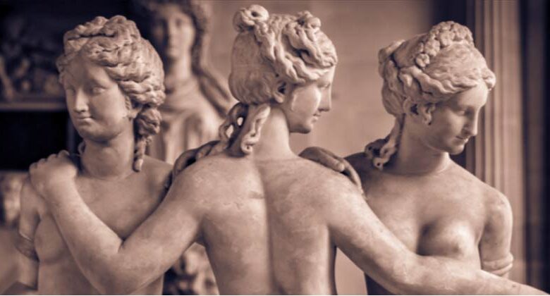 Hairstyles as depicted on an ancient sculpture of women in the Louvre, France.