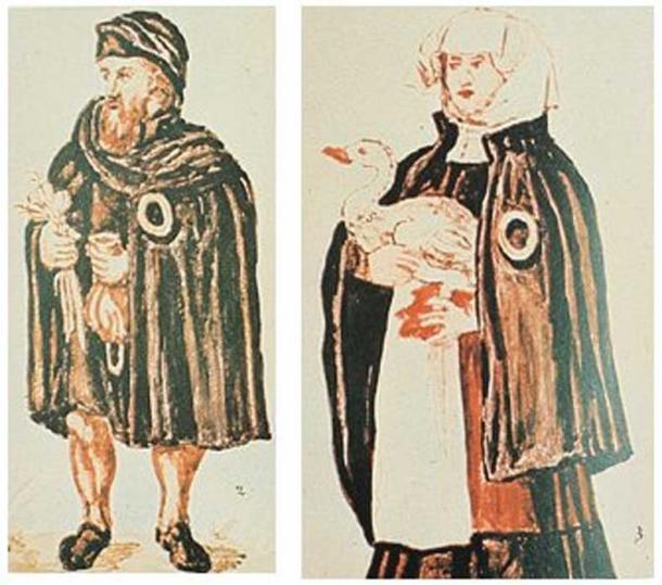 Un couple juif de Worms, en Allemagne, avec le badge jaune obligatoire sur leurs vêtements. L'homme tient un sac d'argent et des bulbes d'ail, tous deux souvent utilisés dans la représentation des Juifs. XVIe siècle. (Domaine public)