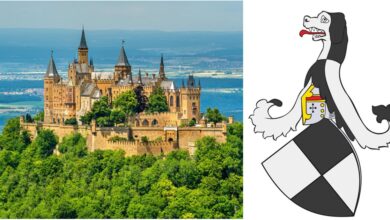Left: Hohenzollern Castle in the Swabian Alps - Baden-Wurttemberg, Germany. (Leonid Andronov / Adobe stock). Right: Crest of the House of Hohenzollern. (Public domain)