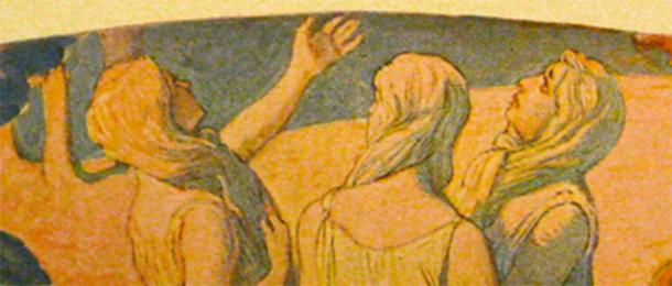 Des femmes regardant Odin et Frigga avec leurs longs cheveux attachés en guise de barbe pour se faire passer pour des hommes. Dans la mythologie scandinave, y comme dans la société scandinave, les femmes n'étaient pas reconnues au même titre que les hommes. (Bloodofox~commonswiki / Domaine public)