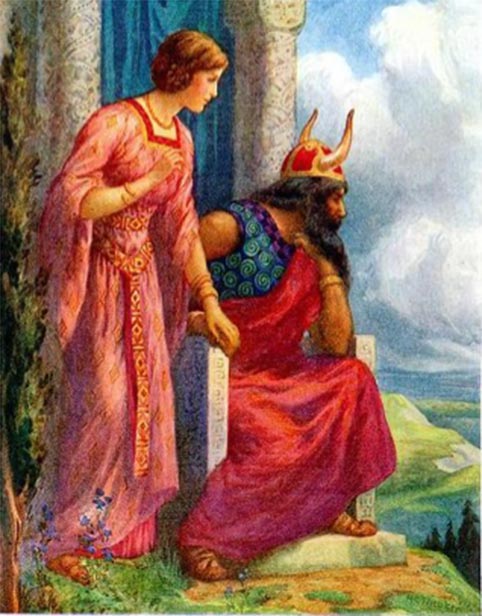 Frigga, la femme d'Odin à ses côtés. (Csemerick / Domaine public)