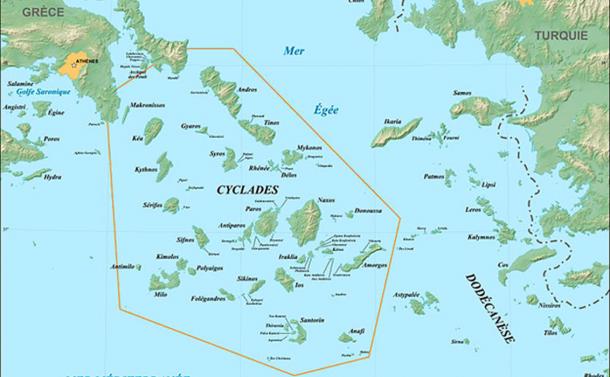 Carte de la mer Égée et des îles des Cyclades (Gaba, E / CC BY-SA 3.0)