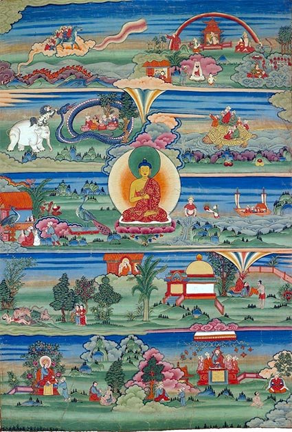 Un Bhoutanais a peint le thangka des Jatakas, qui transmet les histoires des vies passées de Bouddha. (Niveaux / Domaine public)
