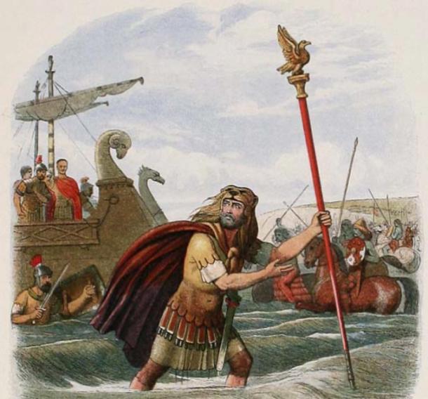 Une représentation du débarquement de la dixième légion romaine en Angleterre en 55 avant J.-C. - le porte-étendard a sauté à terre, inspirant les autres à suivre - (James William Edmund Doyle / Domaine public)