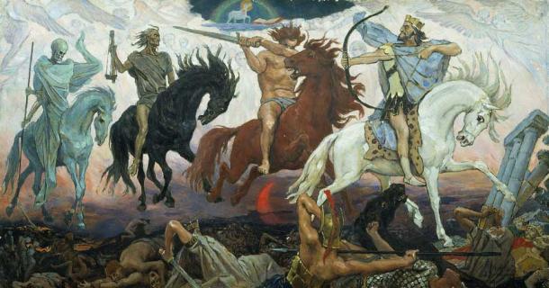Chacun des quatre cavaliers de l'Apocalypse représente différents aspects de la purification de la terre, par le peintre russe Viktor Vasnetsov. (Rillke / Domaine public)