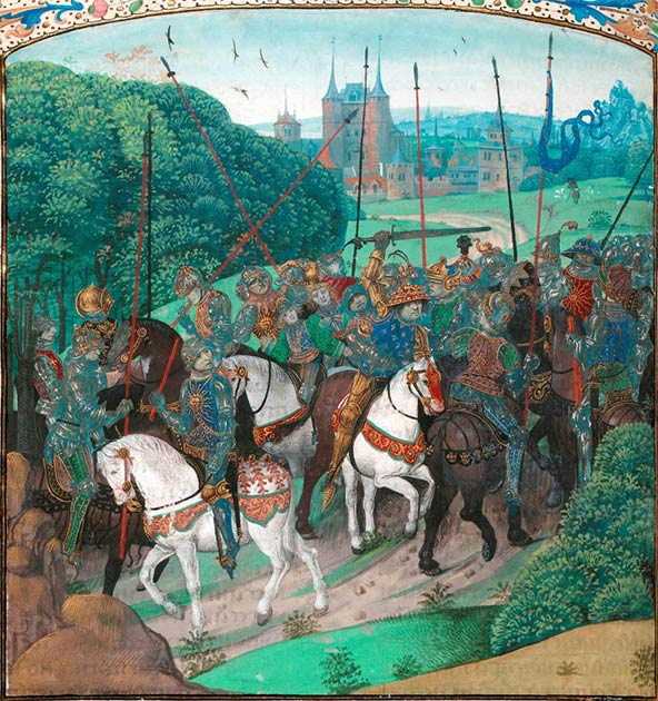 Folie de Charles VI : traversant la forêt du Mans en expédition contre Pierre de Craon, le roi, brandissant une épée, prend les membres de sa suite pour des ennemis et les attaque. (Domaine public)