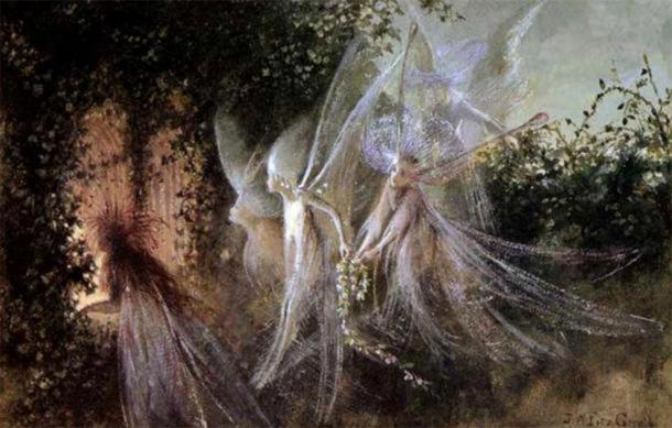 Représentation de fées regardant à travers un passage. (John Anster Fitzgerald (1823-1906) / Domaine public)