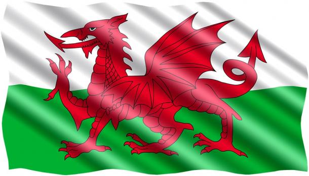 Le symbole du dragon gallois sur le drapeau du Pays de Galles.  Source : Domaine public