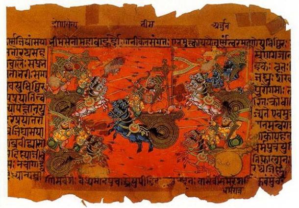 La bataille de Kurukshetra, combat entre les Kauravas et les Pandavas, enregistrée dans le Mahabharata