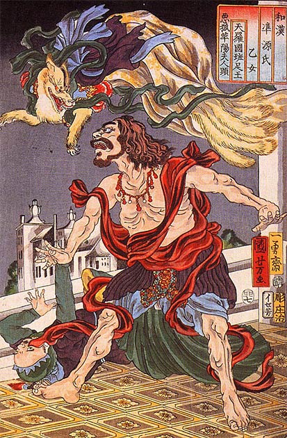 Le prince Hanzoku terrorisé par un renard à neuf queues (Utagawa Kuniyoshi / Domaine public)