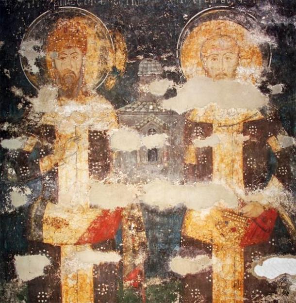 Fresque du 14ème siècle représentant le père et le fils, Stefan Dečanski et Stefan Dušan, au monastère de Visoki Dečani en Serbie. (Domaine public)