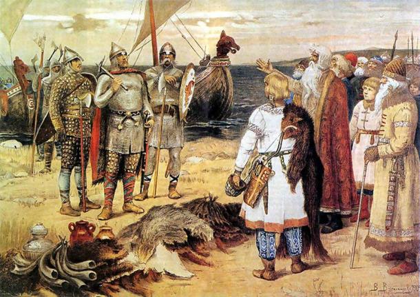 Rurik et ses frères, tous deux Vikings varangiens, arrivant à Staraya Ladoga. (Domaine public)