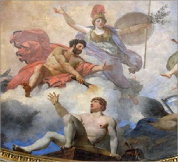Prométhée créant l'homme en présence d'Athéna (détail), peint en 1802 par Jean-Simon Berthélemy, peint à nouveau par Jean-Baptiste Mauzaisse en 1826.