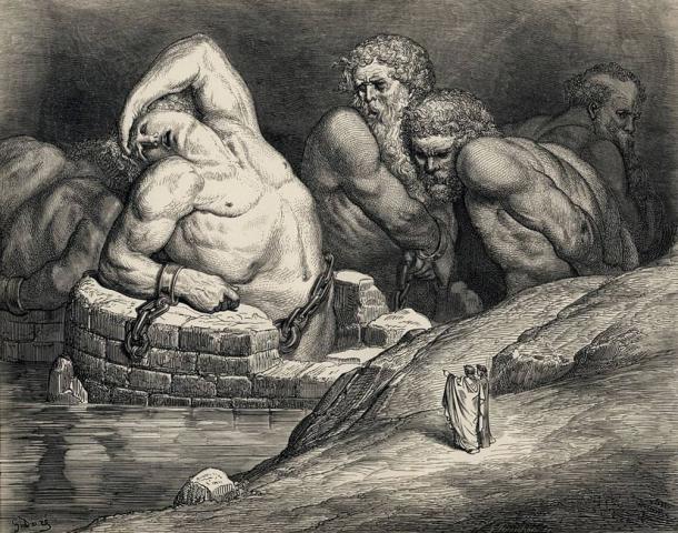 Des titans et autres géants sont emprisonnés en enfer dans cette illustration de Gustave Doré de la Divine Comédie de Dante
