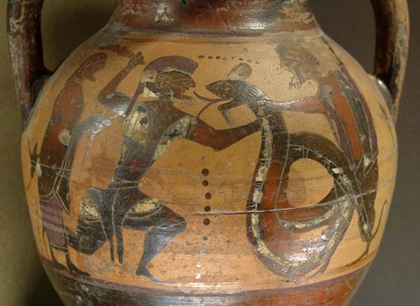Amphore eubéenne, vers 550 avant J.-C., le combat entre le roi géant Cadmus et un dragon.