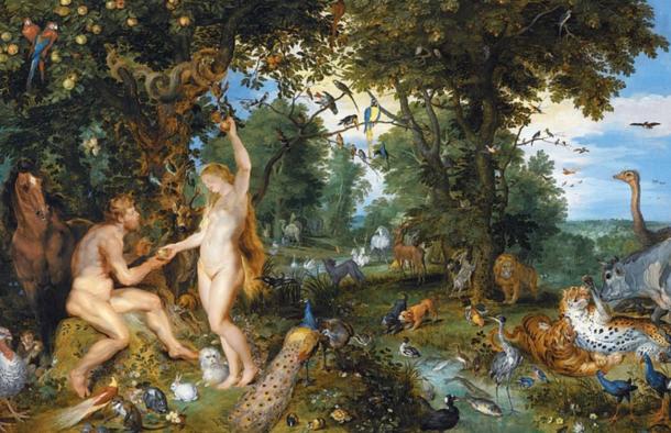 Le jardin d'Eden avec la chute de l'homme. Figures de Rubens, paysage et animaux de Brueghel.
