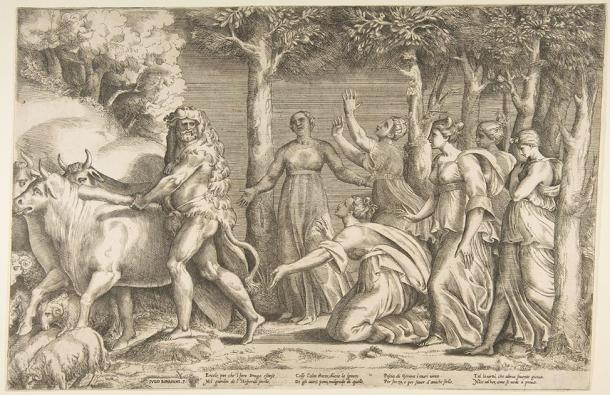 Hercule conduisant le bétail de Géryon, à droite se trouvent les nymphes d'Hespérides. (Giulio Bonasone (v.1531) / Domaine public)