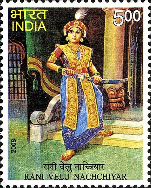 Timbre-poste représentant la reine guerrière indienne Velu Nachchiyar. (DIEU)