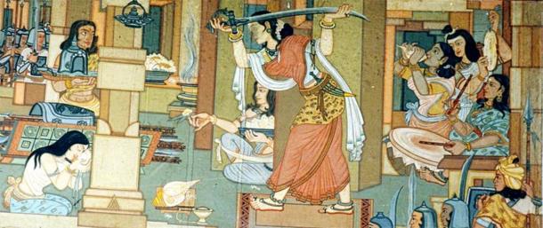 Premier tableau sans ambiguïté sur Maharani Durgavati, montré en train de se préparer pour la bataille de Narrai. (Domaine public)