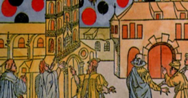 Gravure sur bois colorée à la main par Samuel Coccius, Suisse de Bâle 1566. Le 7 août, de nombreux globes noirs se déplacent à grande vitesse devant le soleil et semblent se battre. S'agissait-il d'une ancienne observation d'OVNI ou d'un événement céleste ? (Domaine public)
