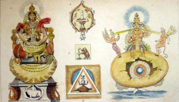 Une gravure sur acier des années 1850, qui représente les activités créatives de Prajapati, une divinité védique qui préside à la procréation et à la protection de la vie. (Domaine public)