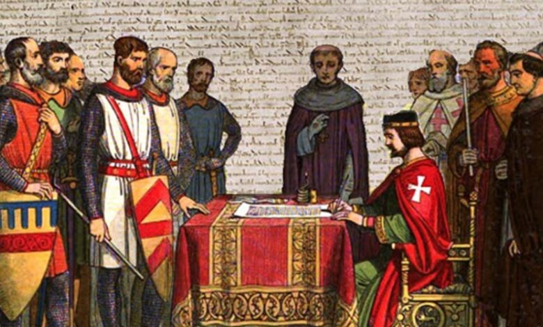 A romanticized 19th-century recreation of King John signing Magna Carta. (Deriv.) (Public Domain) Background: Detail of Cotton MS. Augustus II. 106, one of only four surviving exemplifications of the 1215 Magna Carta text.