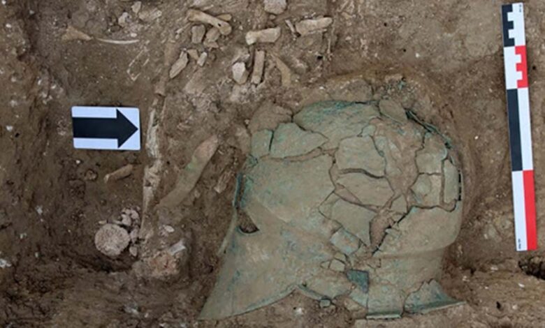 Bronze Corinthian helmet found in 5thcentury BC burial mound in, Taman Peninsula, Russia.