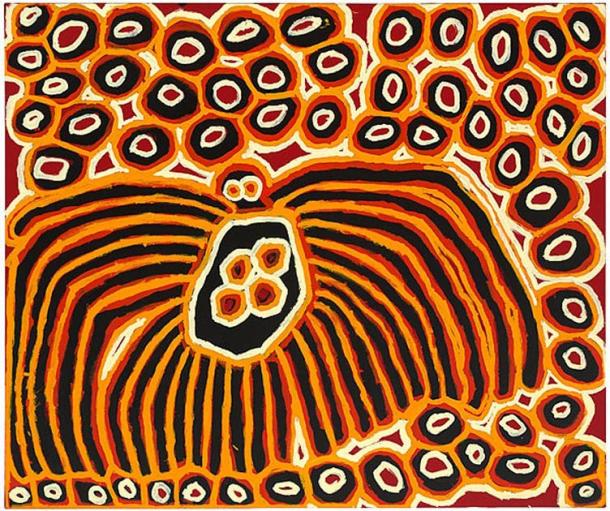 Harry Tjutjuna, Pitjantjatjara, Walytjatjara, coin nord-ouest de l'Australie du Sud, Australie né vers 1928/1932, Wanka Tjukurpa (Spiderman), 2007, peinture polymère synthétique sur toile 154cm h x 182cm w. Collection National Gallery of Australia, Canberra. (Image : © l'artiste, avec l'aimable autorisation du Ninuku Art Centre)