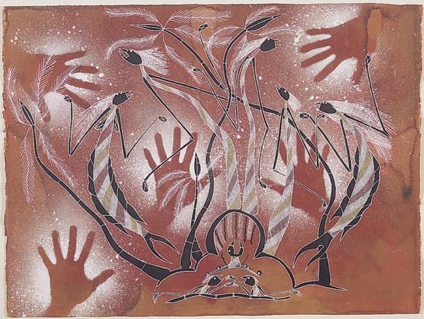 Luke Nganjmirra, Kunwinjku, 1990, Yawk Yawk Maidens, ocres naturels sur papier Arches, 75,5cmx102cm. (Image © l'artiste, sous licence de l'Aboriginal Artists Agency Ltd)