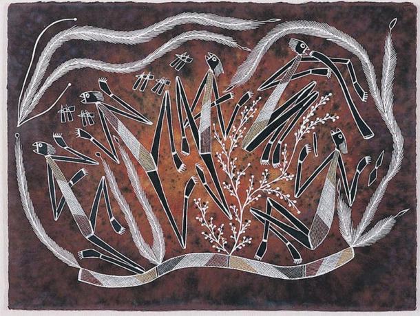 Garry Djorlom, Kunwinjku, 1991, Namorroddos dansant, ocres naturels sur papier Arches, 76cmx95cm. (Image © l'artiste, sous licence de l'Aboriginal Artists Agency Ltd)
